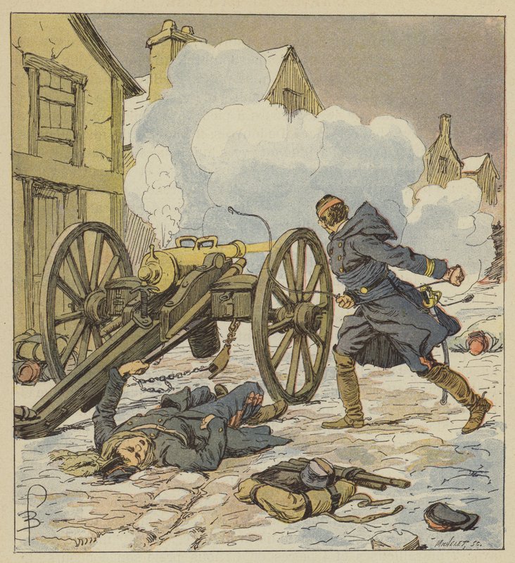 I Parigne støtter en artillerikaptajn tilbagetrækningen ved selv at angribe og affyre sin sidste kanon af after Louis Charles Bombled