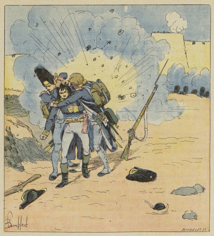 Ved Saint-Jean-dAcre dækker grenaderne Daumesnil og Souchon Bonaparte med deres lig for at ? af after Louis Charles Bombled