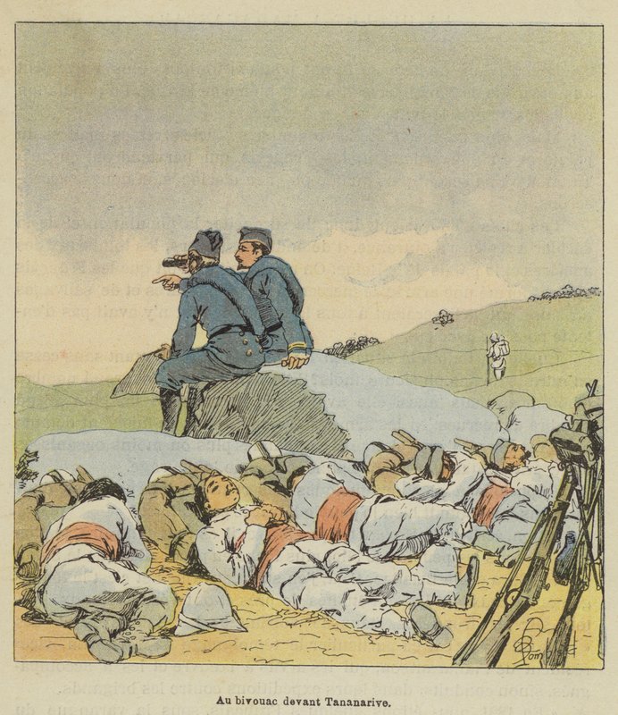 Ved bivuakken foran Antananarivo af after Louis Charles Bombled