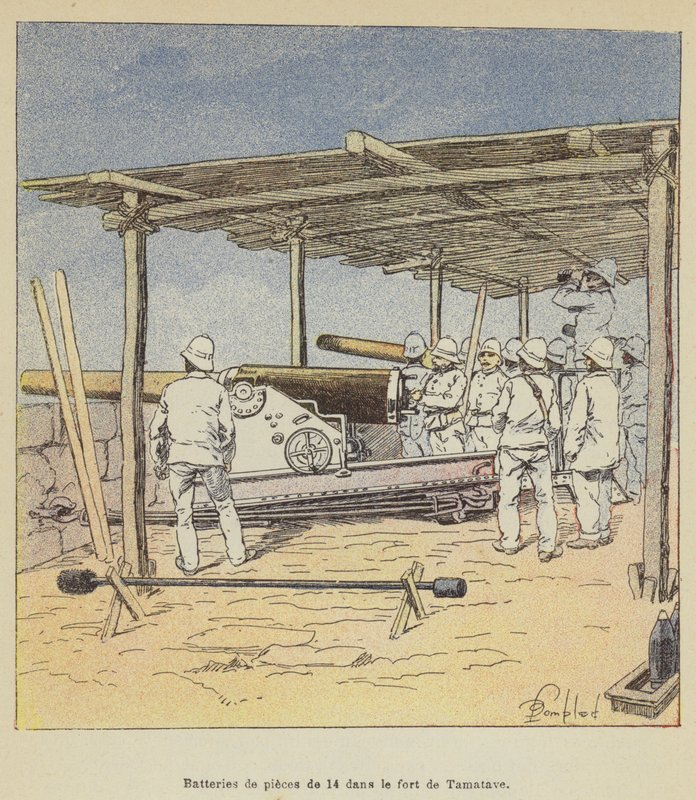 Batterier af 14 styk i fortet Tamatave af after Louis Charles Bombled