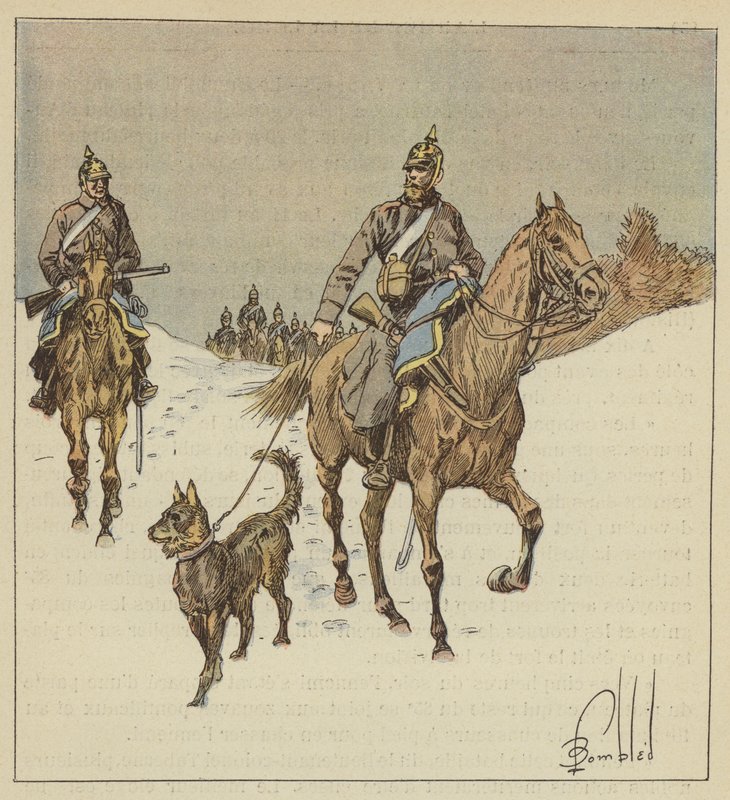 Preussiske ryttere i rekognoscering, forud for hunde holdt i snor af after Louis Charles Bombled