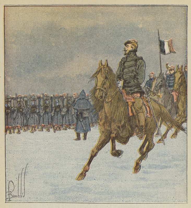 Chanzy og hans stab krydser kamplinjen, før kampen den 8. december af after Louis Charles Bombled