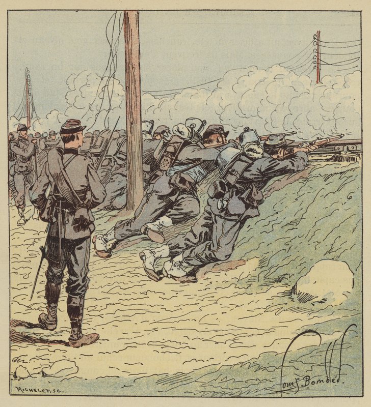 Combat dArtenay, den 8. bataljon af chasseurs de marche indsat langs vejens dæmning? af after Louis Charles Bombled