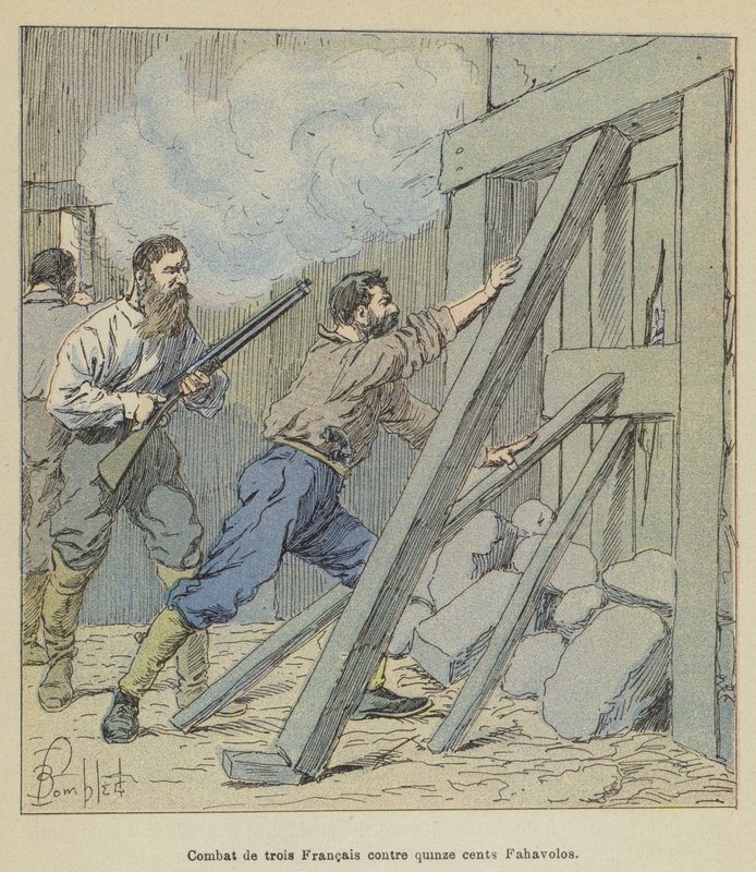 Kamp af tre franskmænd mod femten hundrede Fahavolos af after Louis Charles Bombled