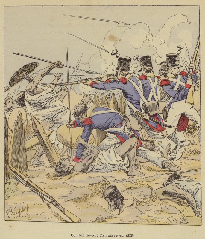 Kæmp foran Tamatave i 1829 af after Louis Charles Bombled