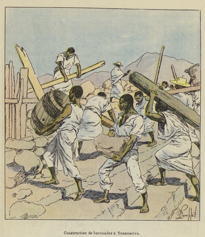 Konstruktion af barrikader i Tananarive af after Louis Charles Bombled