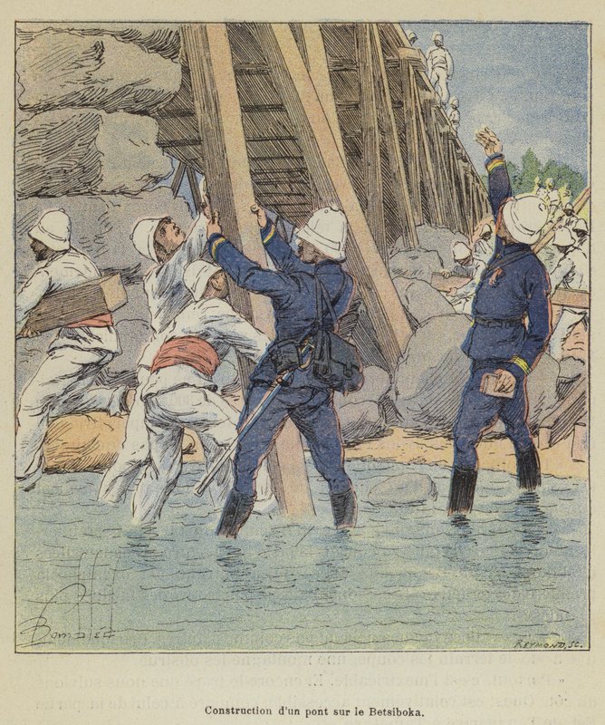Konstruktion af en bro på Betsiboka af after Louis Charles Bombled