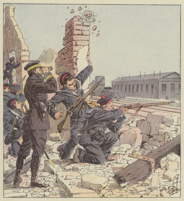 Forsvar af Tien-Tsin station af marinesoldater af after Louis Charles Bombled