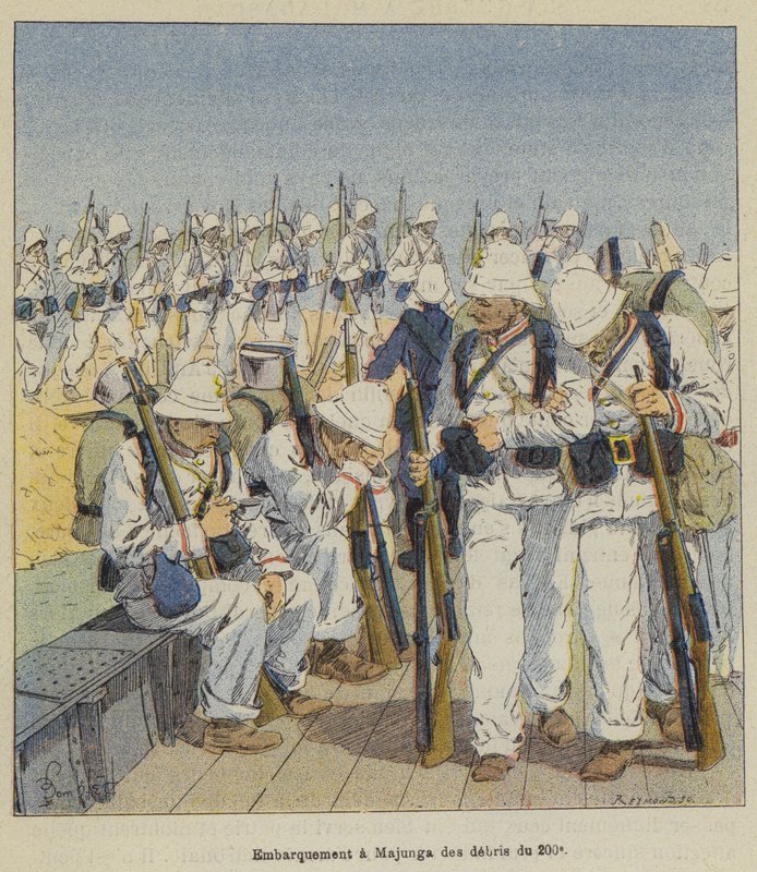 Indskibning i Majunga af affald fra det 200 af after Louis Charles Bombled