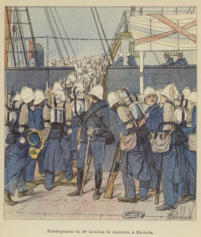 Indskibning af den 40. bataljon af chasseurs, i Marseille af after Louis Charles Bombled