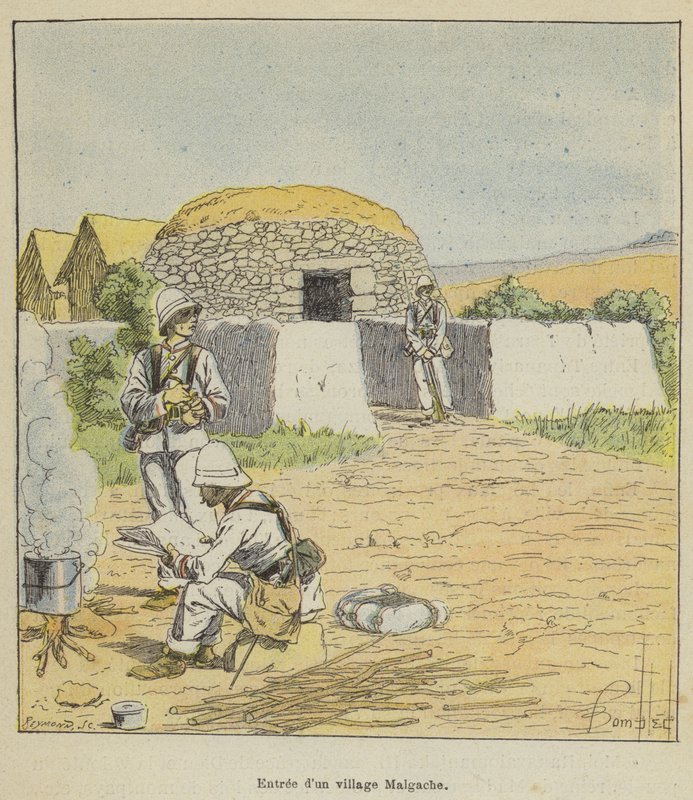Indgang til en madagaskisk landsby af after Louis Charles Bombled