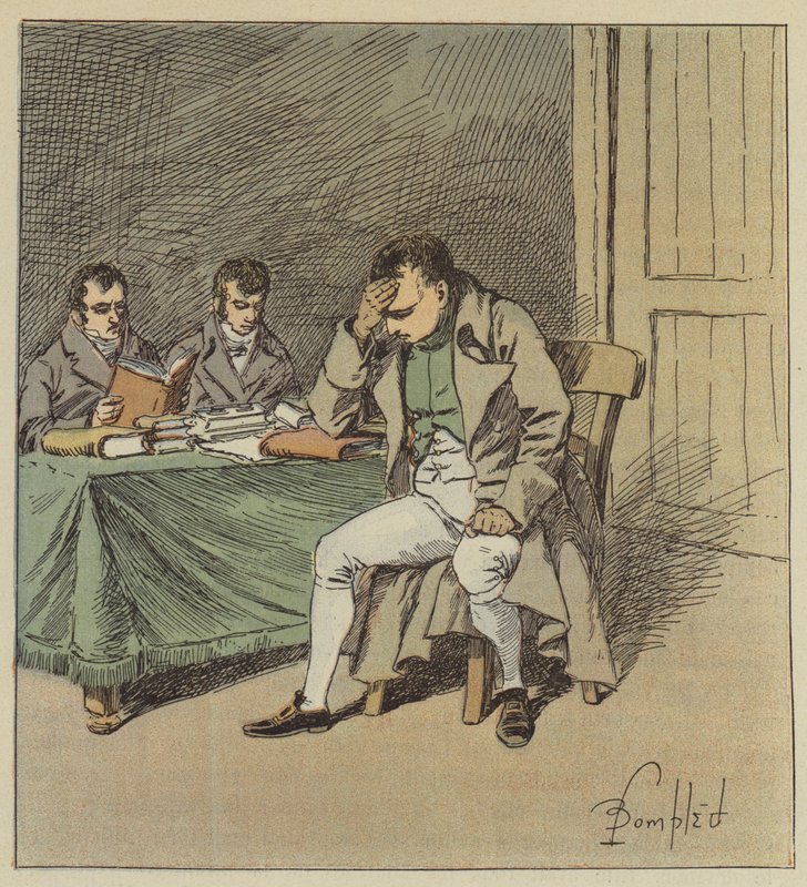 Og Napoleon forblev tavs et par Øjeblikke med Hovedet hvilende paa hans ene Haand. af after Louis Charles Bombled