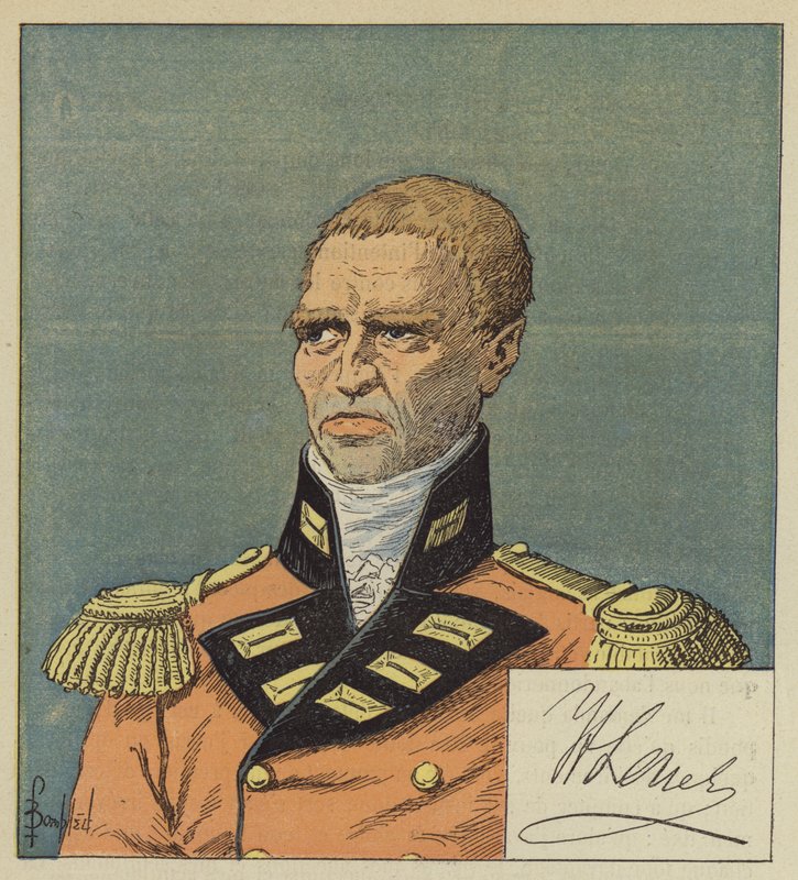 Hudson Lowe efter en tegning i Nationalbiblioteket, Lowes signatur af after Louis Charles Bombled