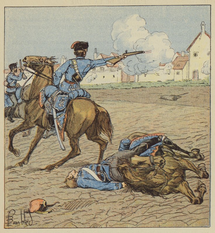Preussiske husarer angriber en landsby af after Louis Charles Bombled