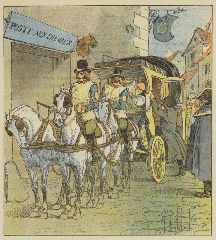 Kejseren sætter sig ind i Marie-Louises bil af after Louis Charles Bombled