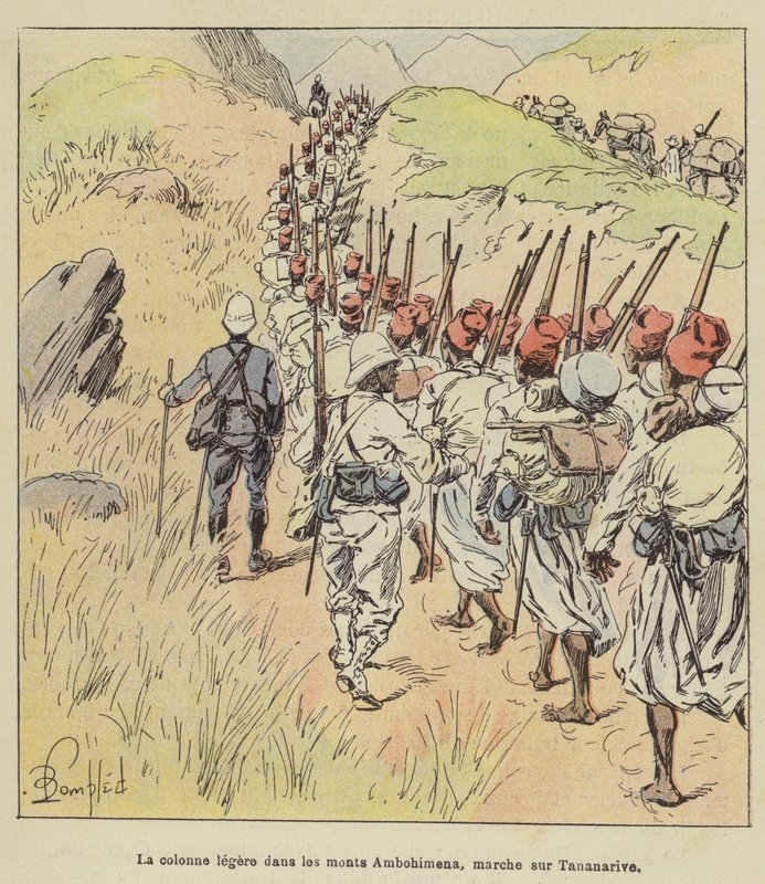 Lyssøjlen i Ambohimena-bjergene, marcherer mod Antananarivo af after Louis Charles Bombled
