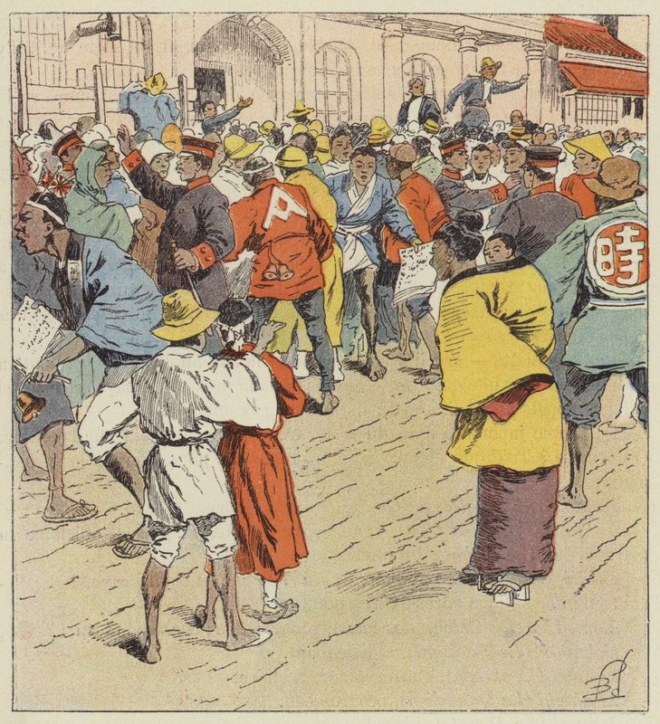 Publikum venter på nyheder om krigen foran Figi-Humpo af after Louis Charles Bombled