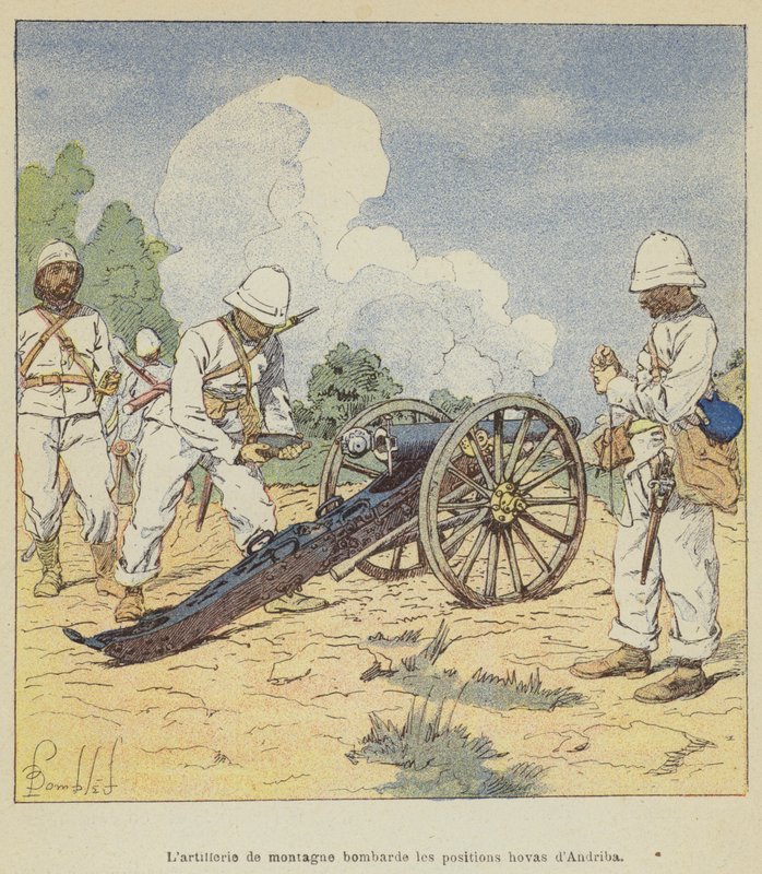Bjergartilleri bombarderer hova-stillinger i Andriba af after Louis Charles Bombled