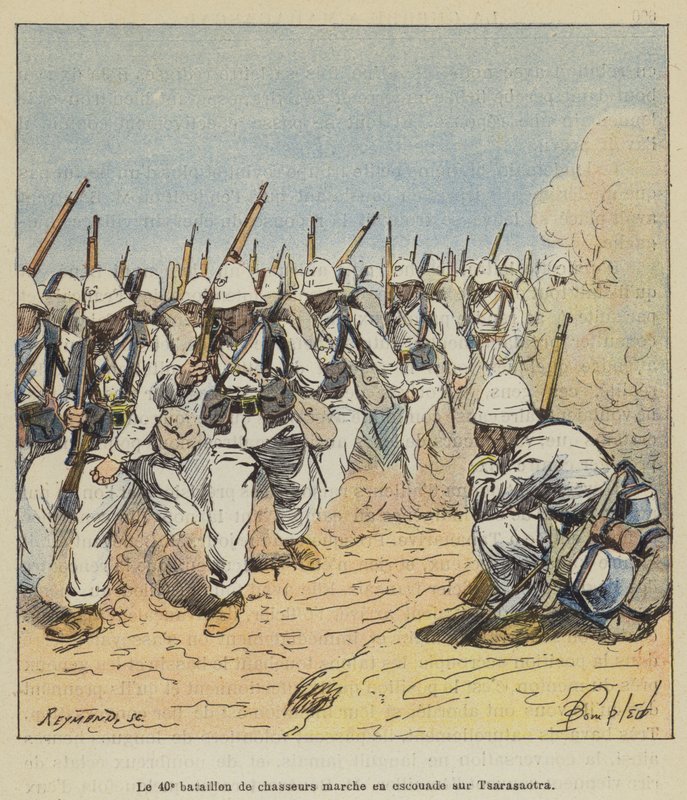 Den 40. jægerbataljon marcherer i et hold på Tsarasaotra af after Louis Charles Bombled