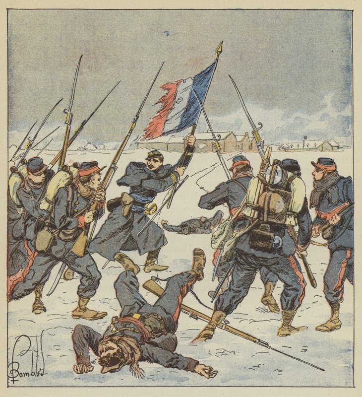 Kaptajn Couturie, fra Sarthe-mobilerne, udvalgt, med flag i hånden, angreb Mee af after Louis Charles Bombled