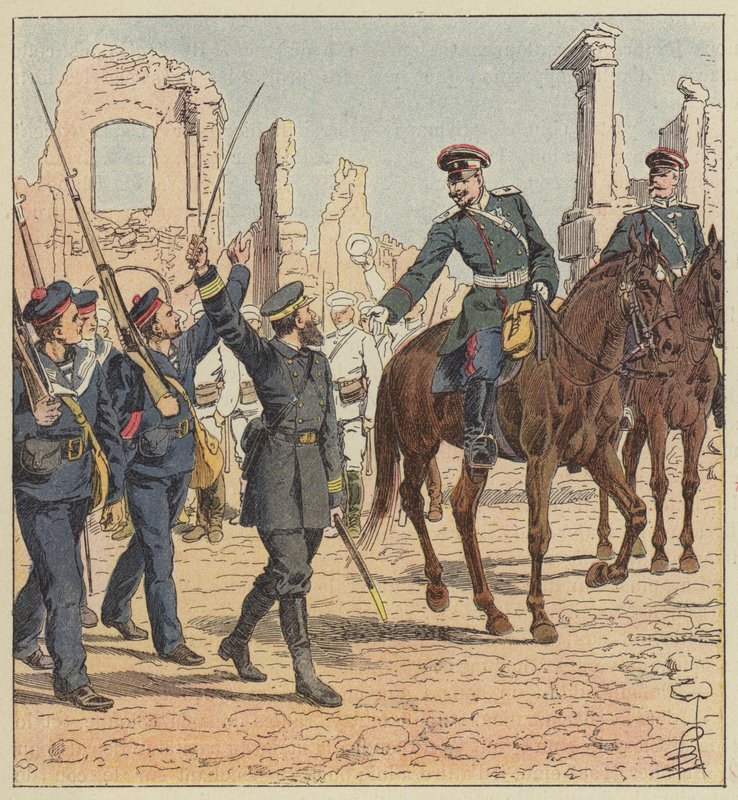 Kaptajn de Marolles og general Stessel af after Louis Charles Bombled