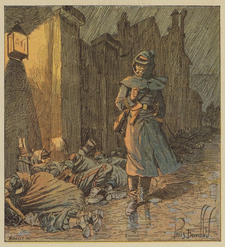 Oberst de Bourgoing går i Cerdons gader, hvor hans soldater sover i regnen af after Louis Charles Bombled