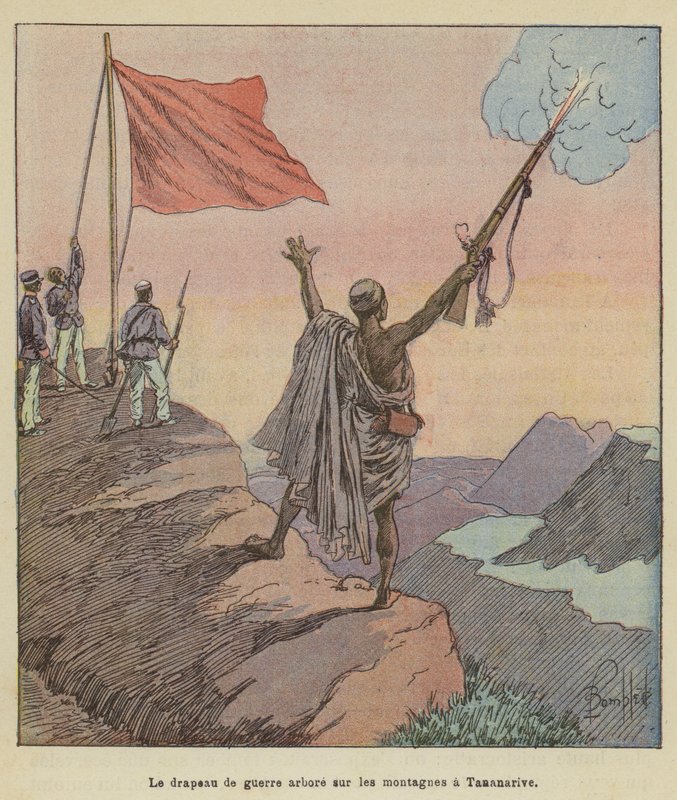 Krigsflaget vajer på bjergene i Antananarivo af after Louis Charles Bombled