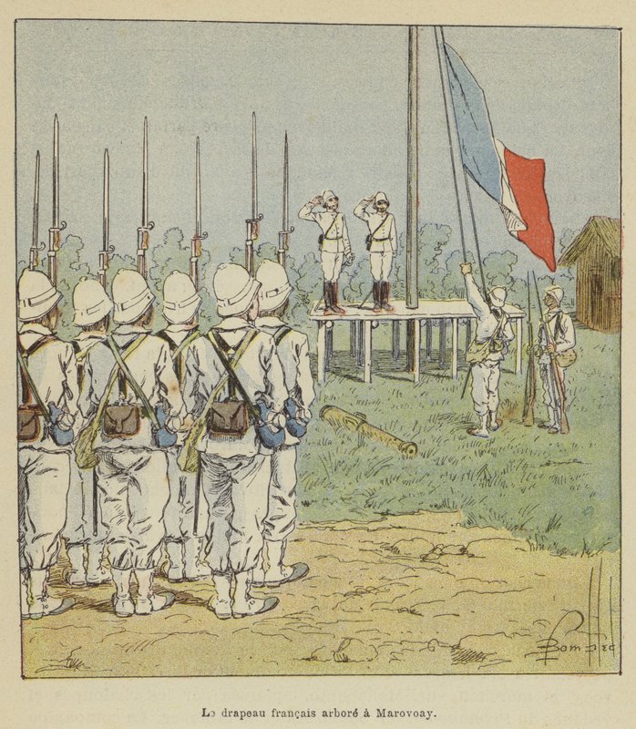 Det franske flag hejst i Marovoay af after Louis Charles Bombled
