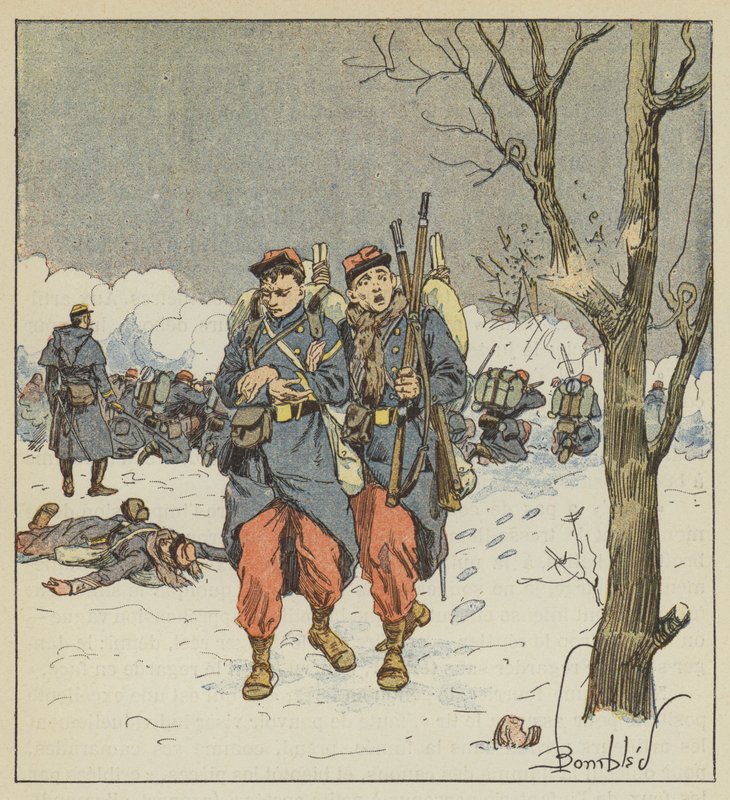 Fourrieren Delorme, såret, trækker sig tilbage under kuglerne af after Louis Charles Bombled