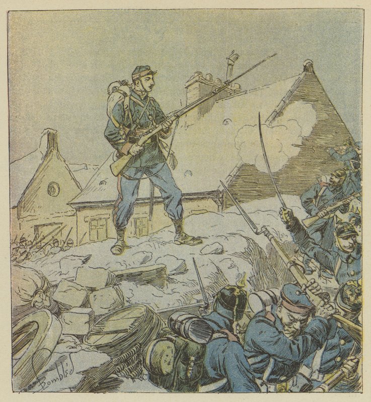 Sergent Pitou, mens han uforfærdet stiger på barrikaden i Courceboeufs, beslutter sig for at indtage landsbyen af after Louis Charles Bombled