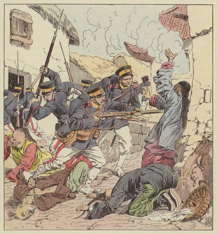Japanerne massakrerer kineserne i Port Arthur af after Louis Charles Bombled