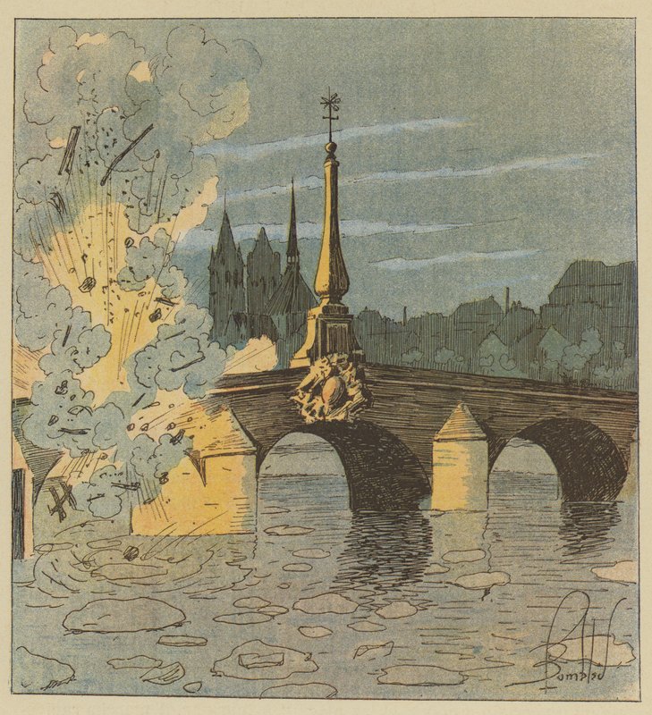 Preusserne sprænger gangbroen over Pont de Blois for at undslippe vores forfølgelse. af after Louis Charles Bombled