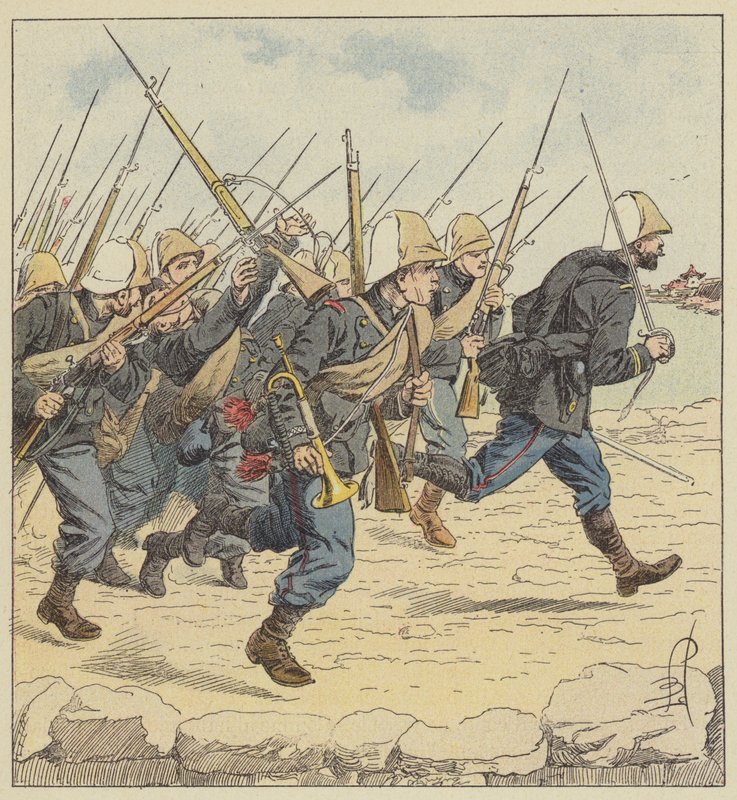 Marineinfanteri på Chaussee de Tien-Tsin af after Louis Charles Bombled
