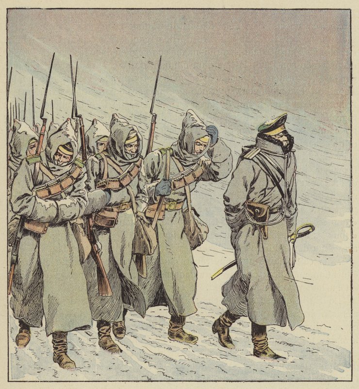 Russisk infanterimarch i Manchuriet af after Louis Charles Bombled