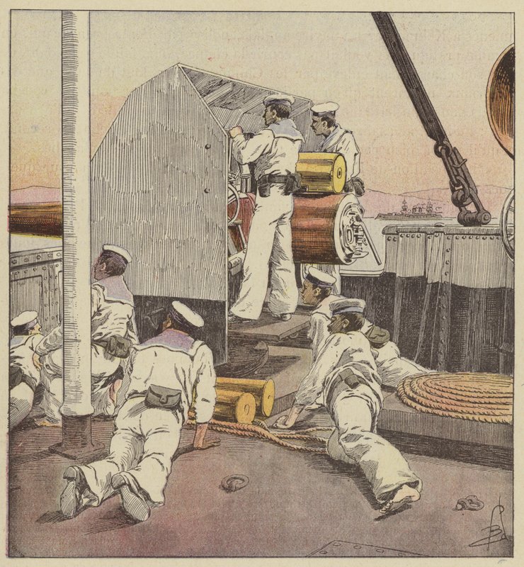 Japanske søfolk skyder mod den kinesiske flåde ved Yalou af after Louis Charles Bombled