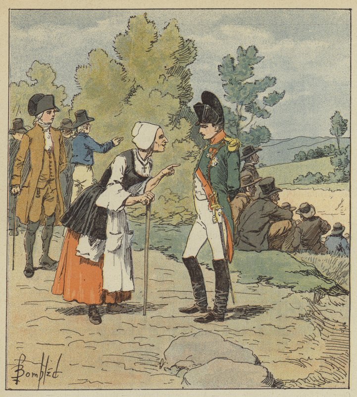 Napoleon taler med en gammel kvinde fra Tarare af after Louis Charles Bombled