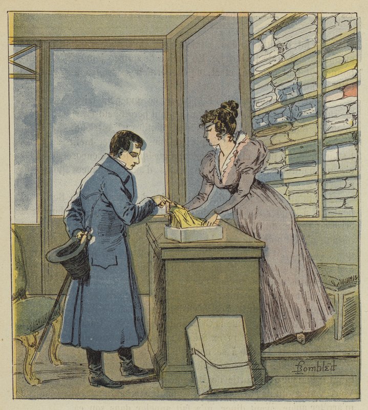 Napoleon klædt ud i en butik i rue Saint-Denis af after Louis Charles Bombled