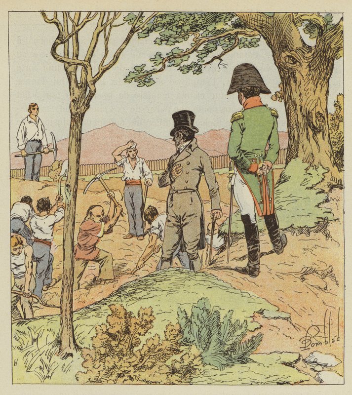 Napoleon undersøger de fæstningsværker, guvernøren er ved at opføre omkring Longwood af after Louis Charles Bombled