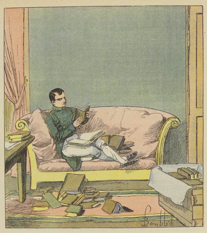 Napoleon læser de bøger, der netop er blevet sendt til ham af after Louis Charles Bombled