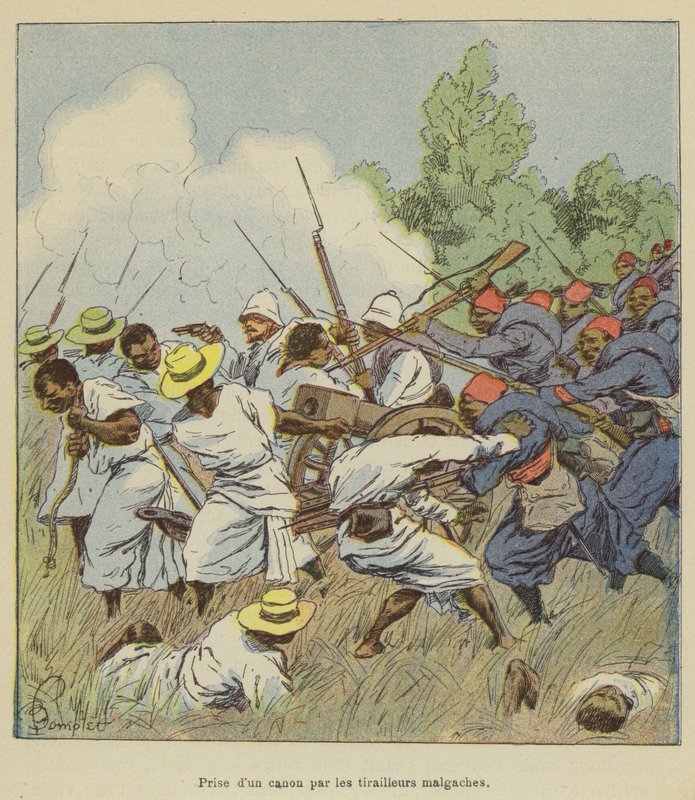 Tilfangetagelse af en kanon af de madagaskiske riffelskytter af after Louis Charles Bombled