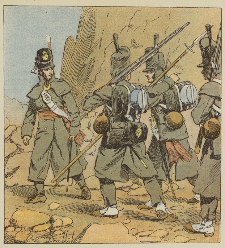 Engelske soldater fra 1st Foot Guard Regiment, i vejbeklædning, Spanien, 1814 af after Louis Charles Bombled