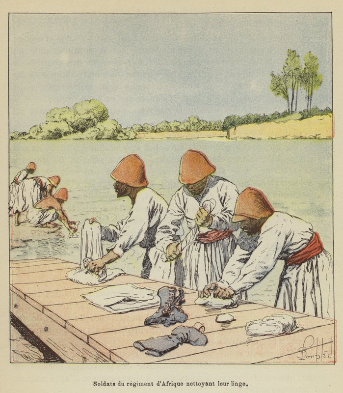 Soldater fra det afrikanske regiment renser deres vasketøj af after Louis Charles Bombled