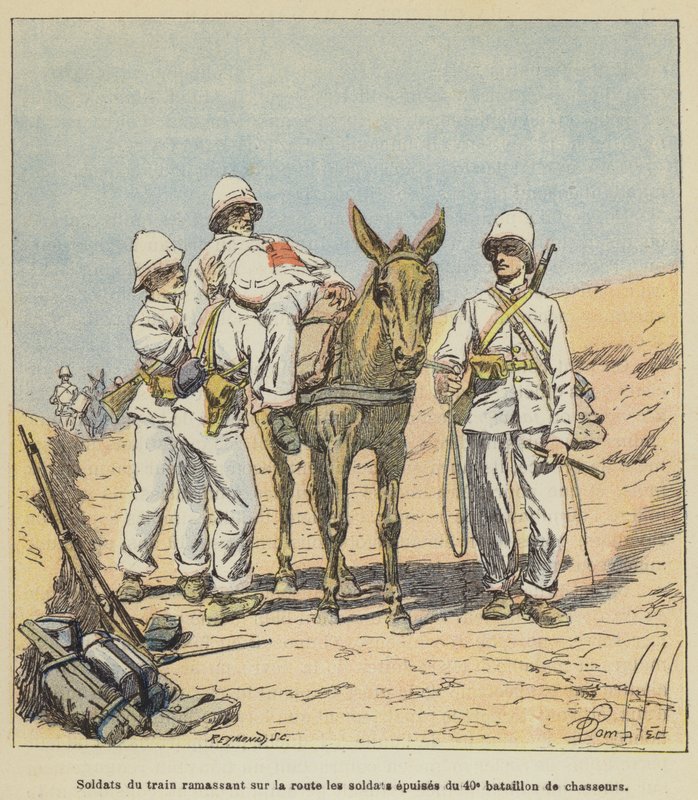 Træn soldater, der samler de udmattede soldater fra 40. Jægerbataljon op på vejen af after Louis Charles Bombled