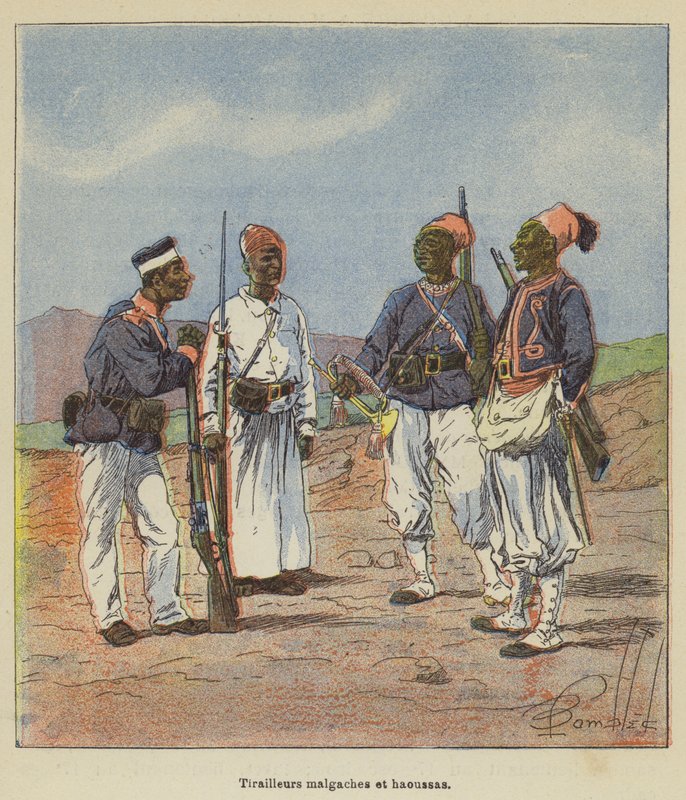 Madagaskar og Hausa træfninger af after Louis Charles Bombled