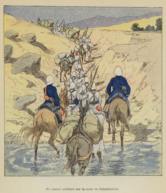 En militærkonvoj på vej til Suberbieville af after Louis Charles Bombled
