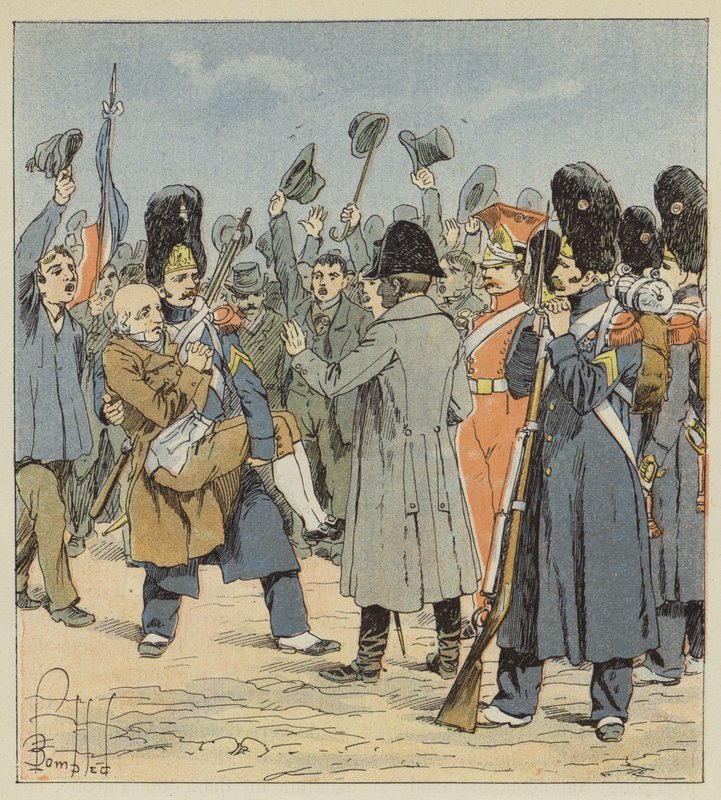 En grenadier fra øen Elba bringer sin ikke-årige far til Napoleon og bærer ham i sine arme. af after Louis Charles Bombled