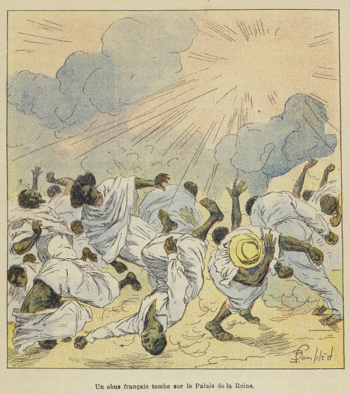 En fransk granat falder på dronningens palads af after Louis Charles Bombled
