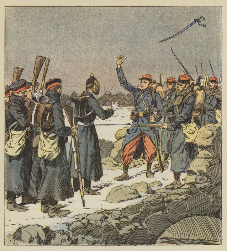 En tysk officer returnerer sit sværd til en fransk korporal, som kaster det for vinden af after Louis Charles Bombled