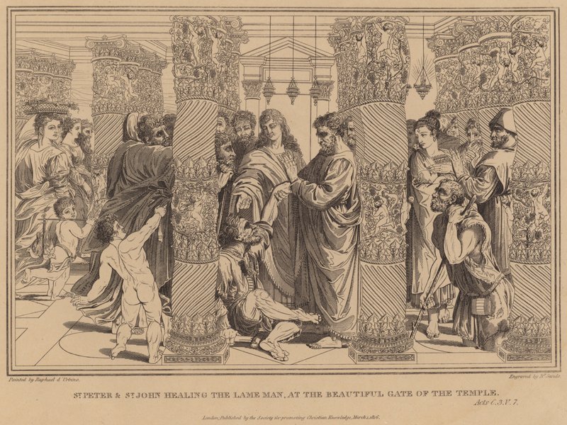 Peter og Johannes helbreder den lamme mand ved den smukke tempelport, Apostlenes Gerninger af after Raphael