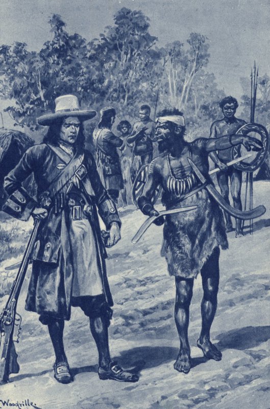 Kaptajn William Dampier, der udforsker Australiens vestkyst, ser en boomerang for første gang af after Richard Caton II Woodville